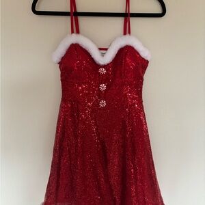 No Boundaries Red Sequin Dress with White Faux Fur Trim